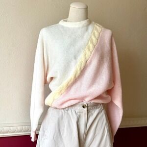 Vintage Hyde Park Lady Arrow Pastel Colorblock Cable Knit Sweater Pink White M
